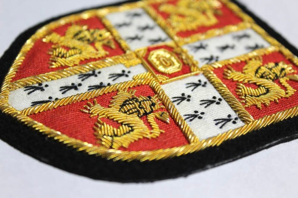 Cambridge University Hand Embroidered Bullion Blazer Badge sewn on Black Felt
